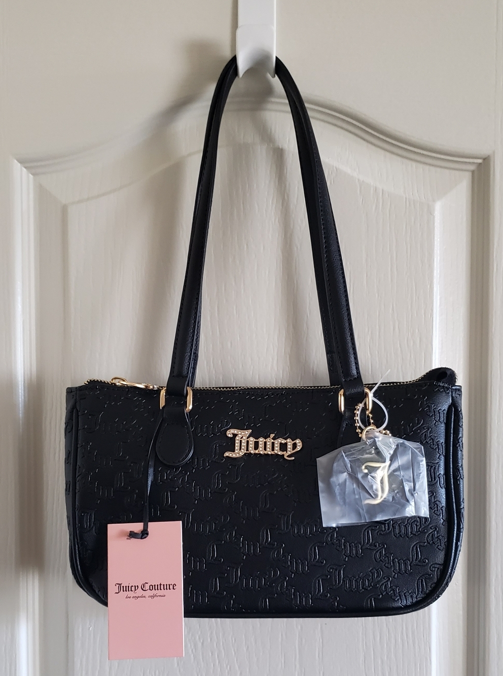 Juicy Couture "Pep In Her Step" Black Liquorice Shoulder Bag Heart Bag Charm NWT